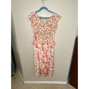Anthropology Fig & Flower Womens Floral Print Dress Lace-Up Back Cap Sleeve L